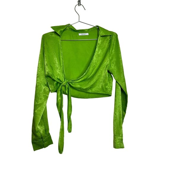 Peppermayo Shirt Womens 4 Green Velour Long Sleeve Tie Front Collared Casual Cro - Picture 2 of 6